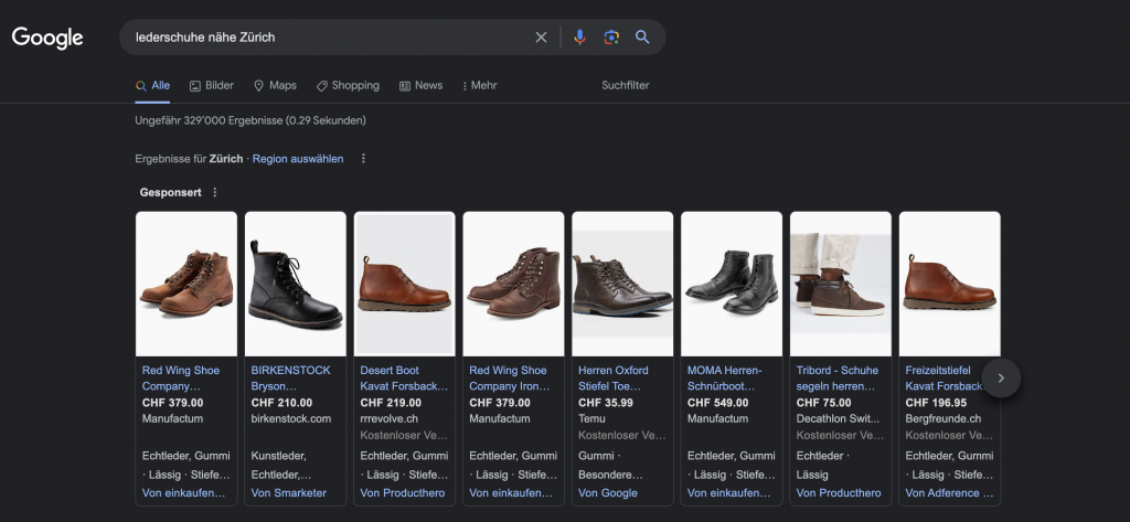Bildschirmfoto von der Suchanfrage nach Lederschuhen